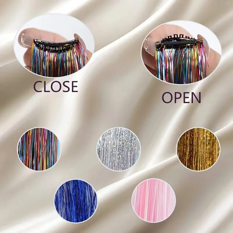 Synthetic Rainbow Tinsel Hair Extensions Clip In Shiny Glitter Wig Hairpiece for Women Party Cosplay Daily DIY Hair Accessory — image 6