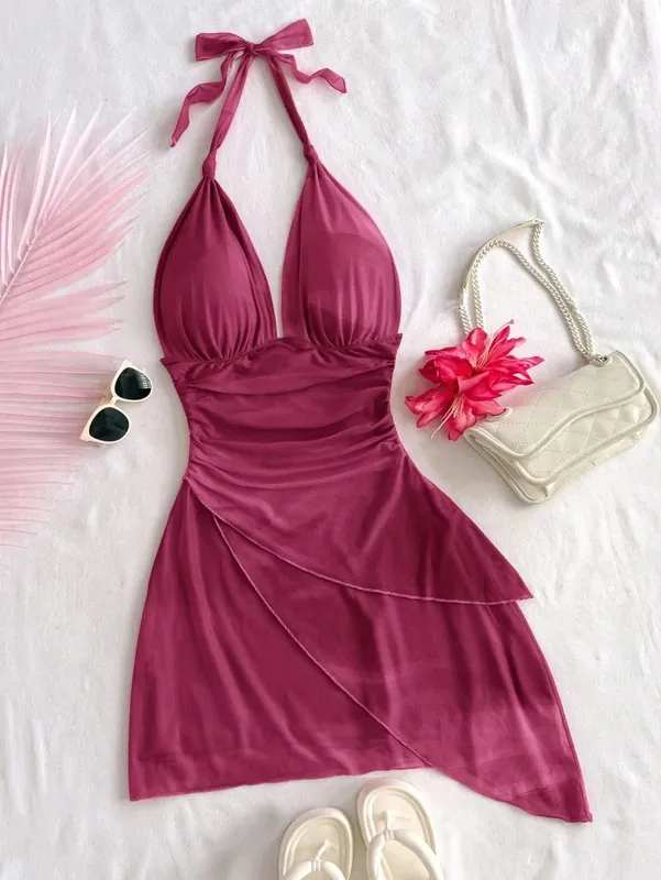 2025 Fashion Design sense Chiffon sleeveless sexy tight deep V short sexy pure backless dress — image 5