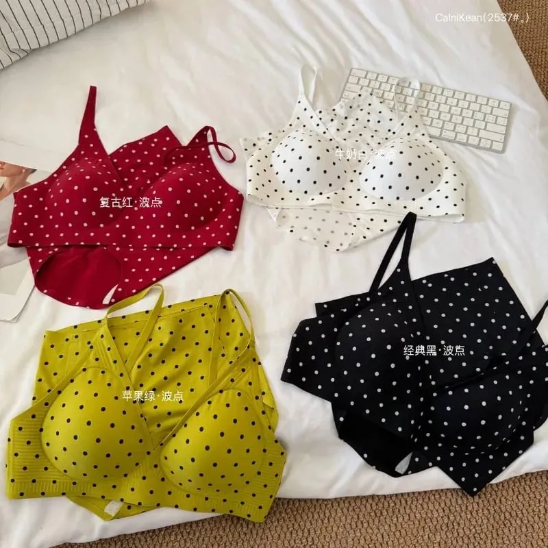 American Retro Polka Dot Lingerie Set Seamless Deep V Bra Wireless Jelly Soft Support Anti Sagging Sexy Comfort Women MOYISU Bra — image 6