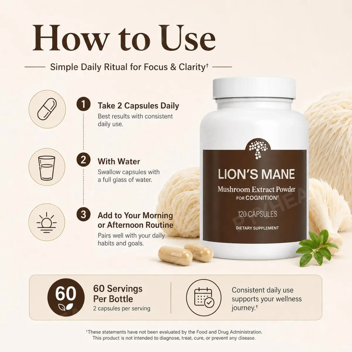 Lion's Mane Mushroom Extract 1000 mg with 300 mg Beta-Glucans Daily Focus and Wellness Support 120 Capsules 60 Servings