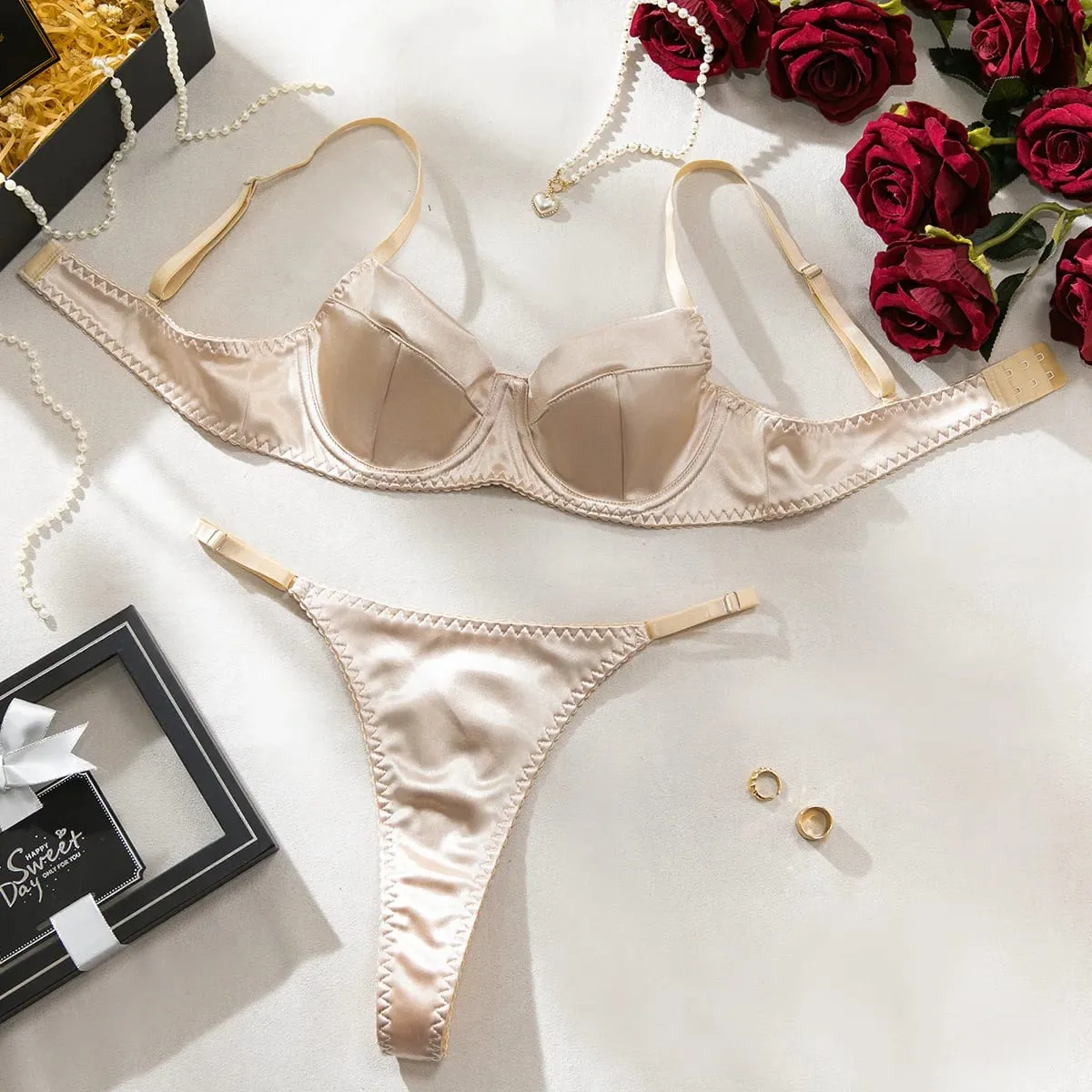 Women Underwear 2 Pcs Sexy Bra Set Underwire Push Up Satin Patchwork Bras and Thongs Suits Attractive Bilizna Intimate Set