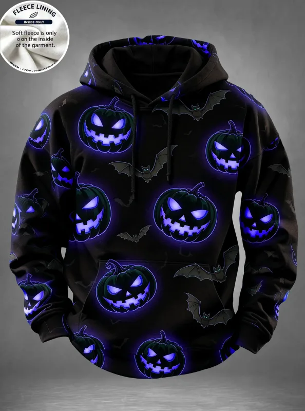 English: Halloween Haunted House Ghost Pumpkin Bat Print Hoodie Men Fleece Lined POD Sweatshirt Casual Long Sleeve Pullover