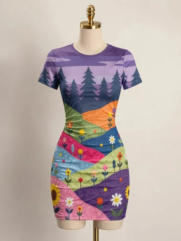 Womens Short Sleeve Bodycon Mini Dress Slim Fit Crew Neck Floral Print Casual Summer Party Cute Stretch Modern Vacation Sundress — image 7