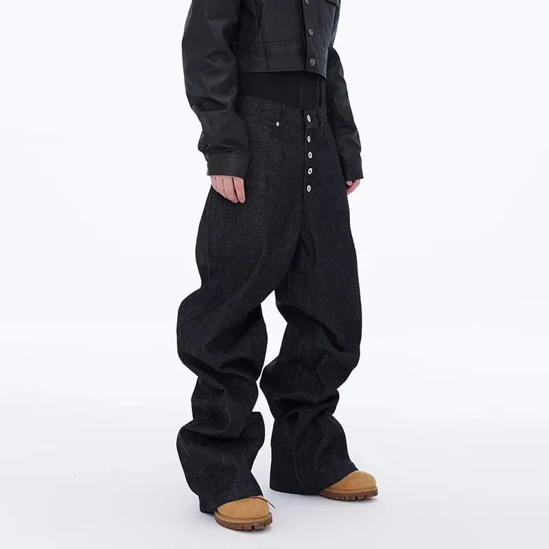 High Street Retro Buckle Design For Men'S Jeans Street Ruff And Handsome Loose Casual Wide Leg Pants Black Jeans