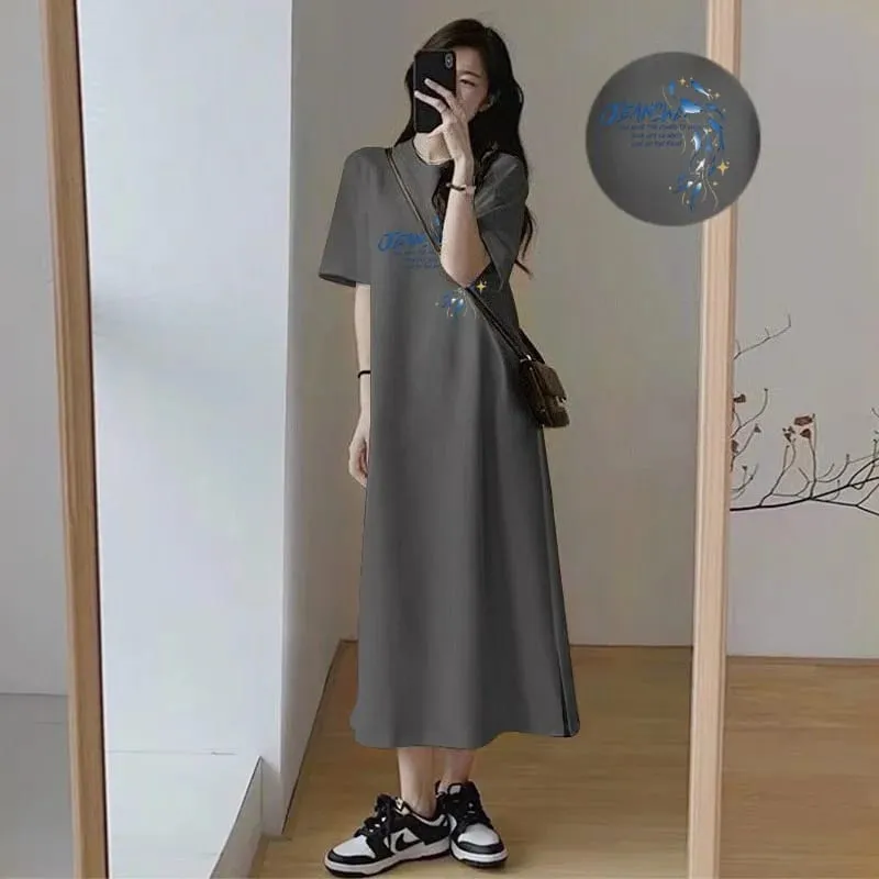Korean Casual Maxi Tee Dress Blue Dolphin JEANS Letter Print White Loose Short Sleeve Long T-shirt Dress — image 4