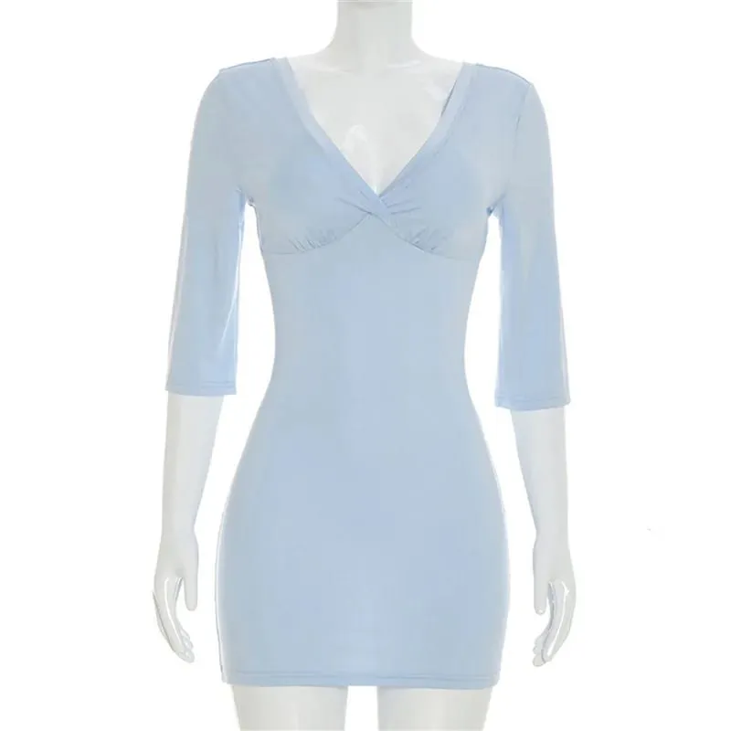 Tossy Summer V-Neck Slim Mini Dress Women's Long Sleeve Solid High Waist Commute Party Dress Female Casual Patchwork Dress 2026 — image 8