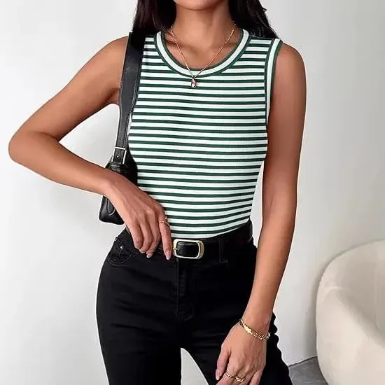 Women Striped Ribbed Tank Top 2026 Summer Casual Sleeveless Round Neck Slim Fit Vest Female Daily Streetwear Basic Undershirt — image 5