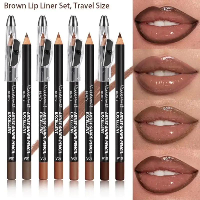 4-delige Brown Shades Lip Liner Set Mat Waterdicht Compatibel met verschillende lipglossen en lippenstiften, draagbaar tasformaat