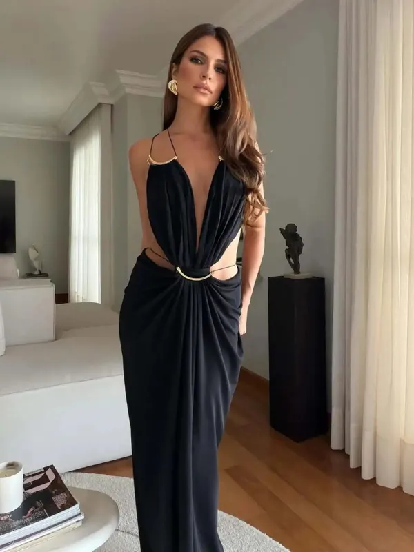Abito lungo senza maniche con cinturino per spaghetti in tinta unita Abito lungo da donna sexy con scollo a V profondo in vita Abito da sera con volant Abito estivo elegante da festa — image 10