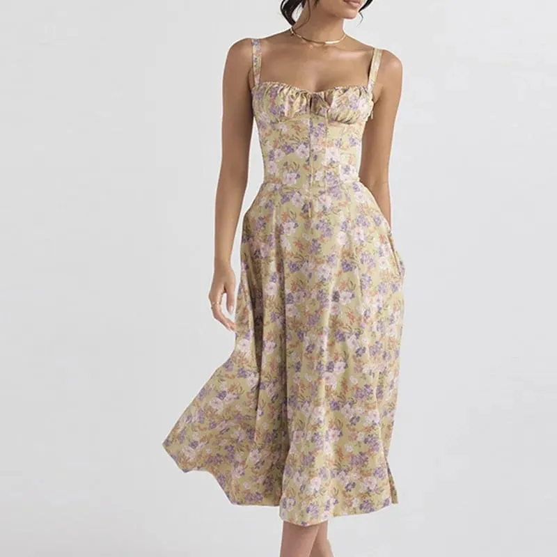 Women Summer Dress 2024 Fashion Floral Print Halter Sling V Neck Bra Sleeveless Gentle Woman mid-calf Dresses Vestidos GHH24128 — image 9