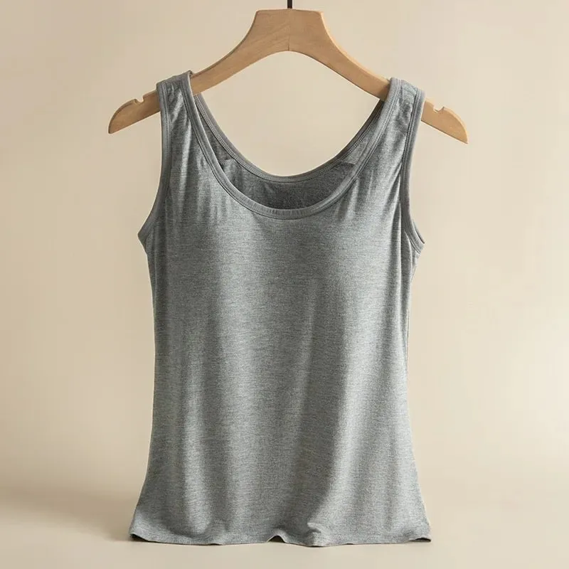 1pcs Women's Vest Tops Round Neck Vests Solid Color Padded Slim Fit Tank Tops Sexy Feminino Casual Tank Tops With Built In Bras