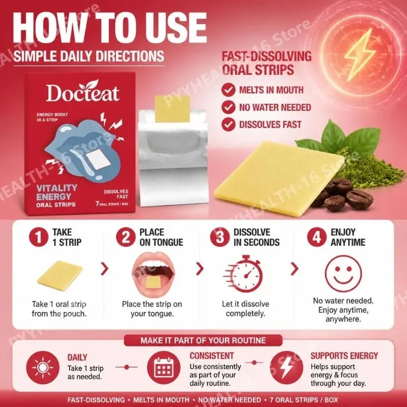 Docteat Energy Support Oral Strips with Caffeine L-Theanine Vitamin B3 B6 B12 Fast Dissolving Daily Nutrition Supplement 7 Count — image 7