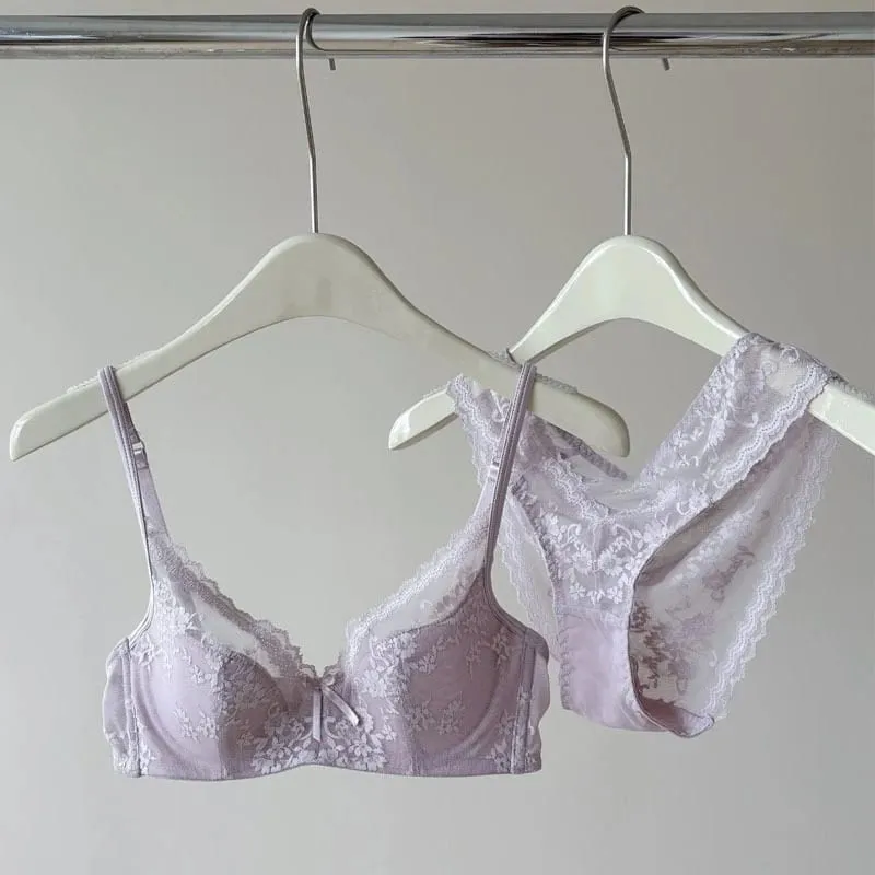 Thin Lace Lingerie Set for Summer Small Chest Gathering Soft Steel Ring Support Anti Sagging Bra Underwear Two-Piece Set — image 1
