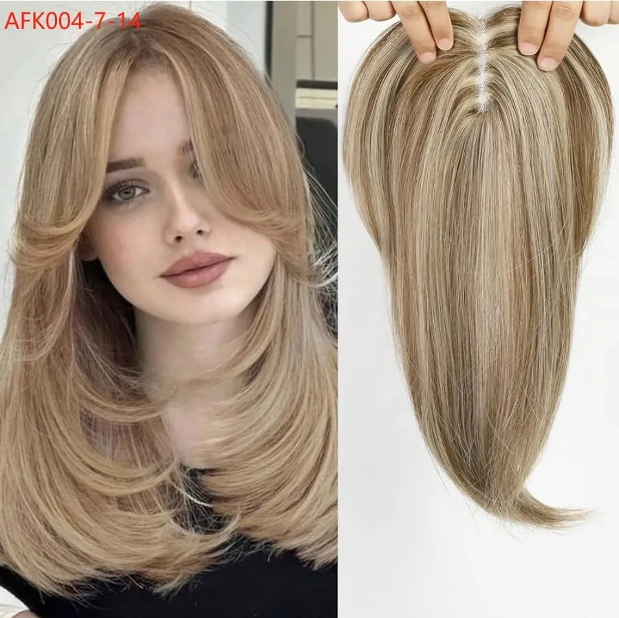 14 Inches Chestnut Brown With Blonde Layered Hair Topper with Bangs for Women Synthetic Swiss Base Hair Pieces Topper with Clips — image 8