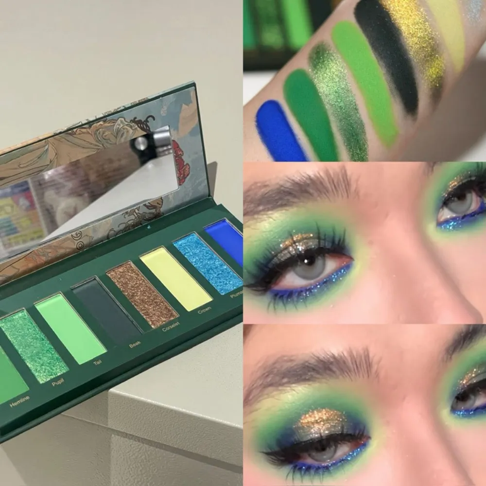 8-Color Smoked Green Eyeshadow Palette Metallic Blue Pearlescent Glitter Eye Shadow Plate Diamond Brightening Highlight Makeup