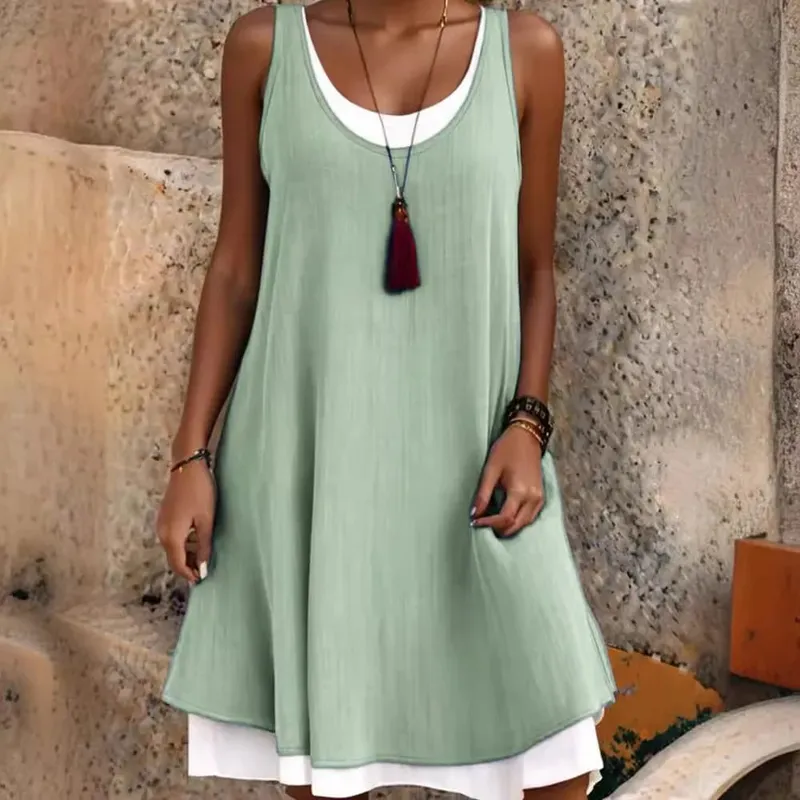 Women's Solid Dress Fashion O Neck Pullover Sleeveless Fake Two Piece Loose Beach Dresses For Women Summmer New Womens Clothings — image 3