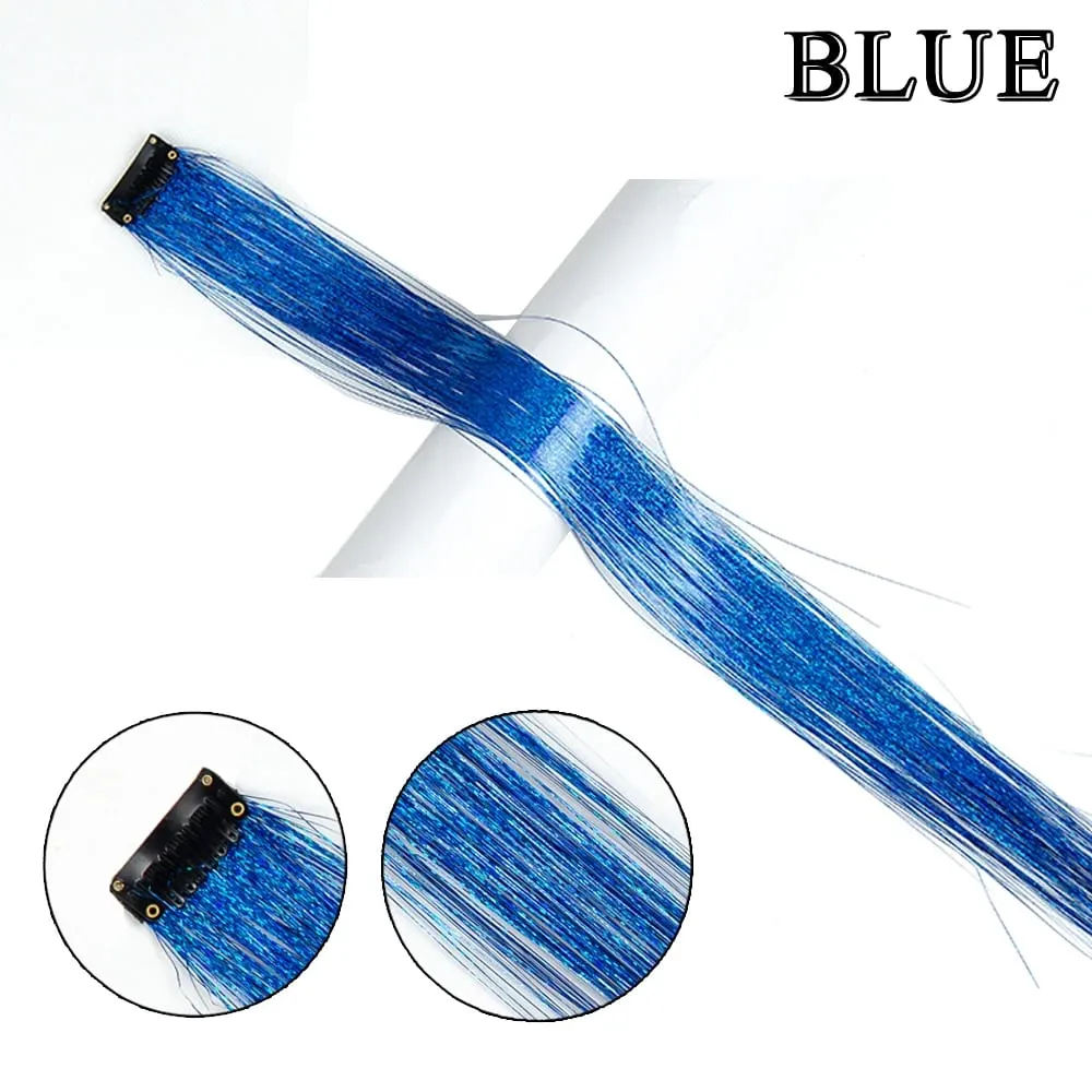 Straight Rainbow Colored Party Highlights Clip On In Hair Extensions Bling Hair Piece Synthetic Hairpieces Sparkling Tinsel Red