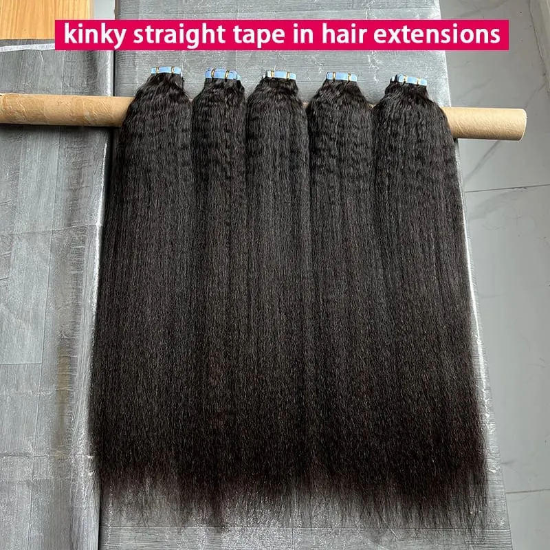 Kinky Straight Invisible Tape In Hair Extensions 100% Raw Virgin Human Hair Adhesive Seamless PU Skin Weft Full Head 40pcs