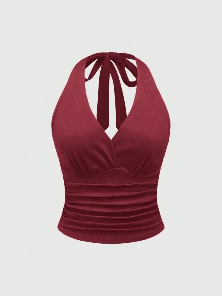 Solid V-neck Backless Halter Crop Top for Women Summer Sexy Y2K Sleeveless Ruched Top Streetwear — image 13