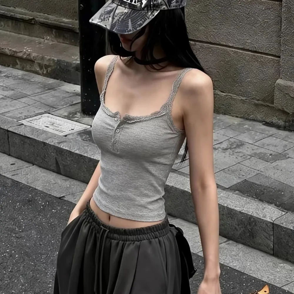 Y2K Lace Trim Spaghetti Strap Cami Top Button?Front Ribbed Knit Slim Fit Sleeveless Crop Camisole Women Casual Basic Tank Top — image 2