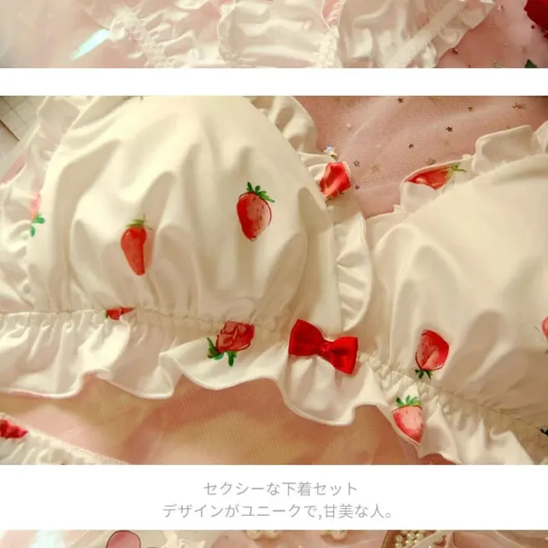 Strawberry Milk Silk Bra & Panties Set Wirefree Soft Underwear Set Kawaii Lolita Bra and Panty Pink Lingerie — image 4