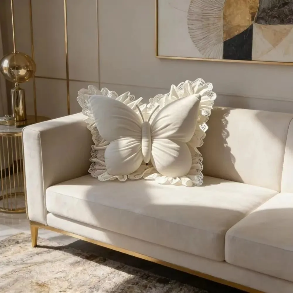 Decorative Cushion Velvet Butterfly Plush Pillow Lace Trim Plush Bow Plush Cushion Soft Cute Bow Throw Pillow Sofa — image 8
