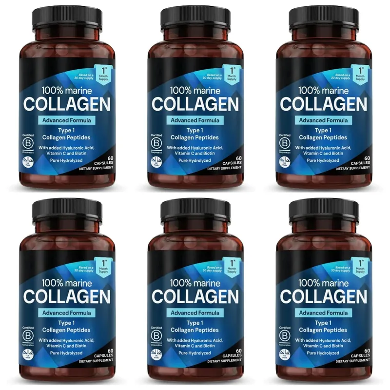 Marine Collagen Capsules for Women & Men Type I Peptides with Hyaluronic Acid Vitamin C & Biotin Beauty Glow Nails 60 Count
