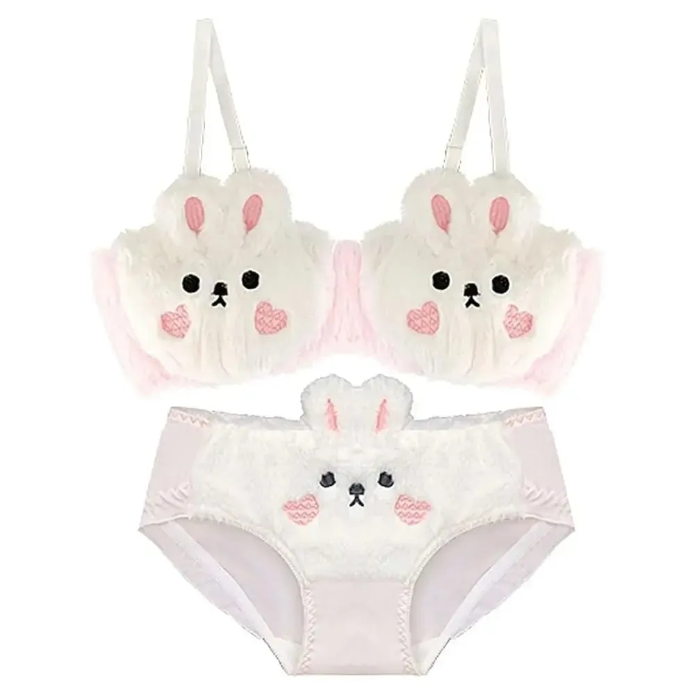 New Design Gathered Padded Bra and Panty Set Warm Polyester Lingerie Underwear Brief Adorable Cotton Fuzzy Lingerie