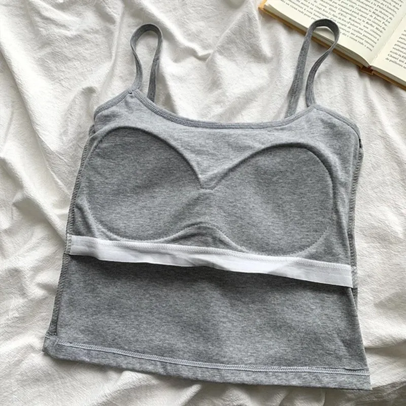 Women's Camisole With Built In Bra Pads Slim Fit Crop Tank Top Basic Spaghetti Strap Cami Casual Summer Sleeveless Top