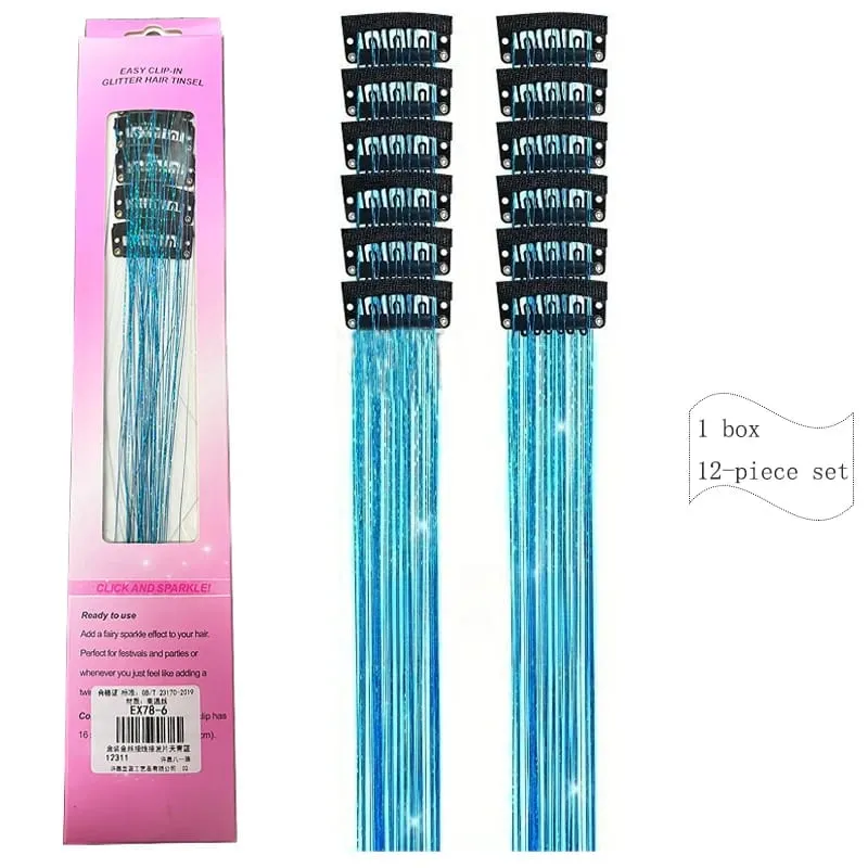 20 Inch Synthetic Hair Extensions -12 Piece Set of Colorful Glitter Hair Accessories Suitable for Girls' Party Birthday Gifts