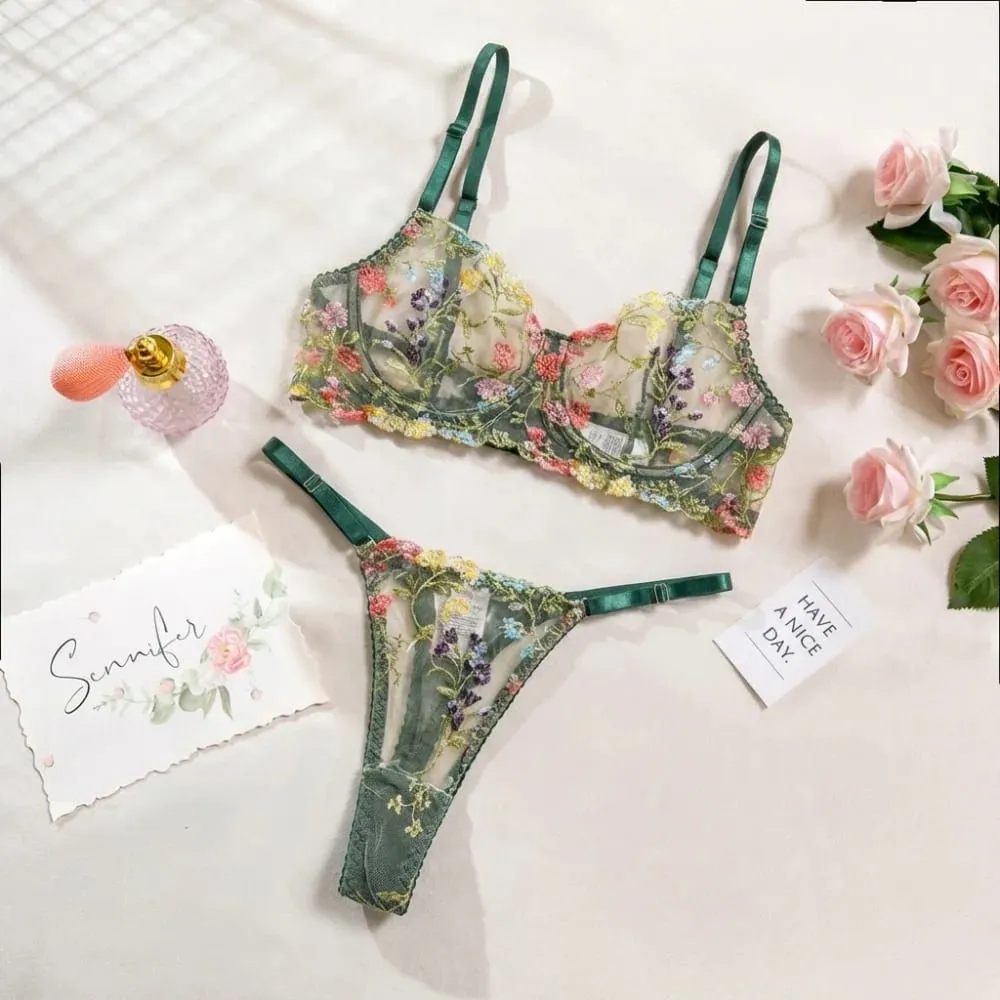 2dílná sada květinového spodního prádla Průsvitné všestranné spodní prádlo Intimky Výšivka Kostice Push-up Bra Kalhotky pro slečnu