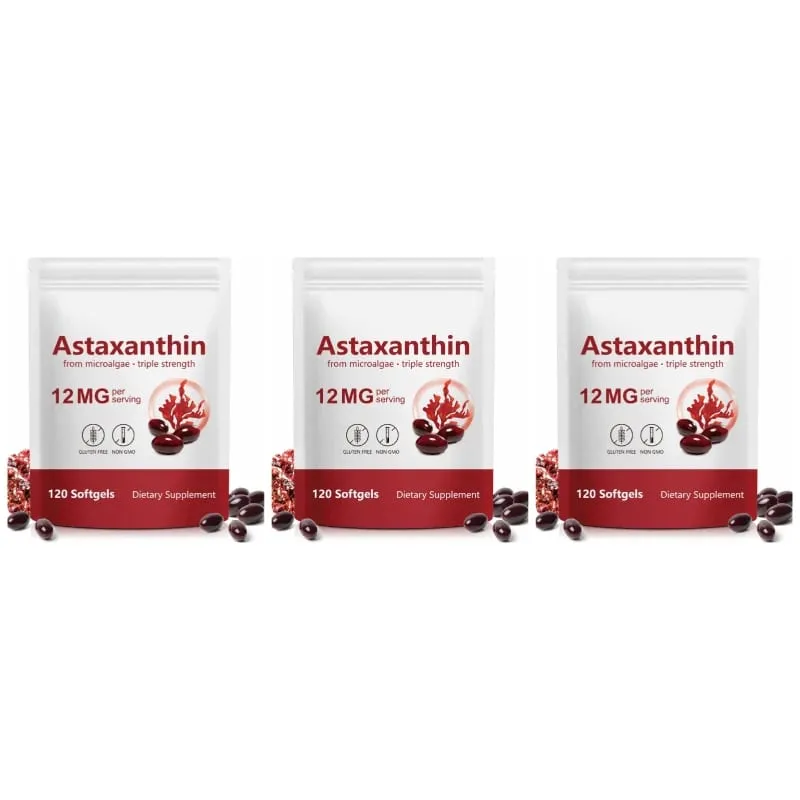 Cápsulas gelatinosas de astaxantina de microalgas promovem a produção de colágeno, sem soja, sem glúten, não OGM, força tripla 120 cápsulas gelatinosas