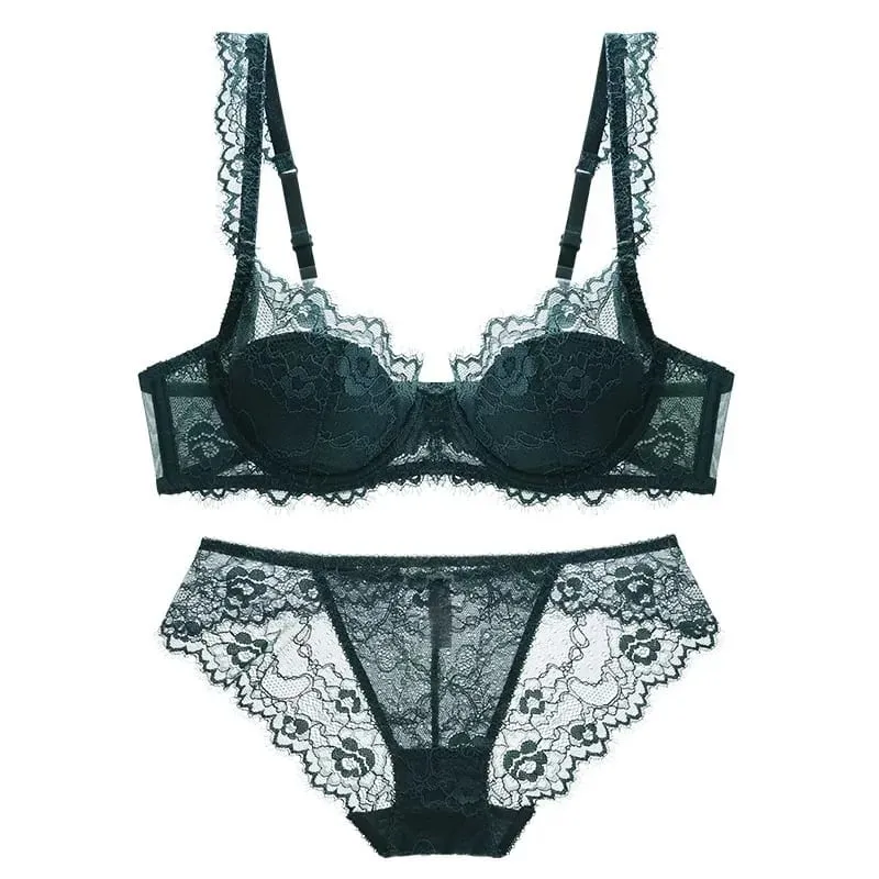 Lightly Lined Eyelash Lace Thin Cup Bra and Panties Set Underwear with Push Up Soft Comfortable Breathable Sexy Female Lingerie — image 3