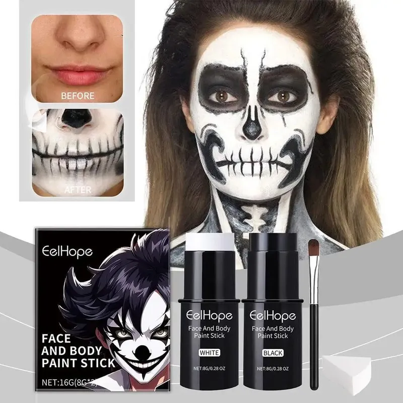 Black White Face Body Paint Kit Cover Foundation Clown Färgglad Långvarig Vattentät Halloween Festlig Makeup Tillbehör Set — image 3
