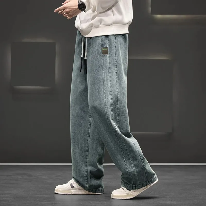 Spring New Wide Jeans Men Straight Vintage Drawstring Trousers Loose Pants Casual Solid Color Fashion Pants Big Size