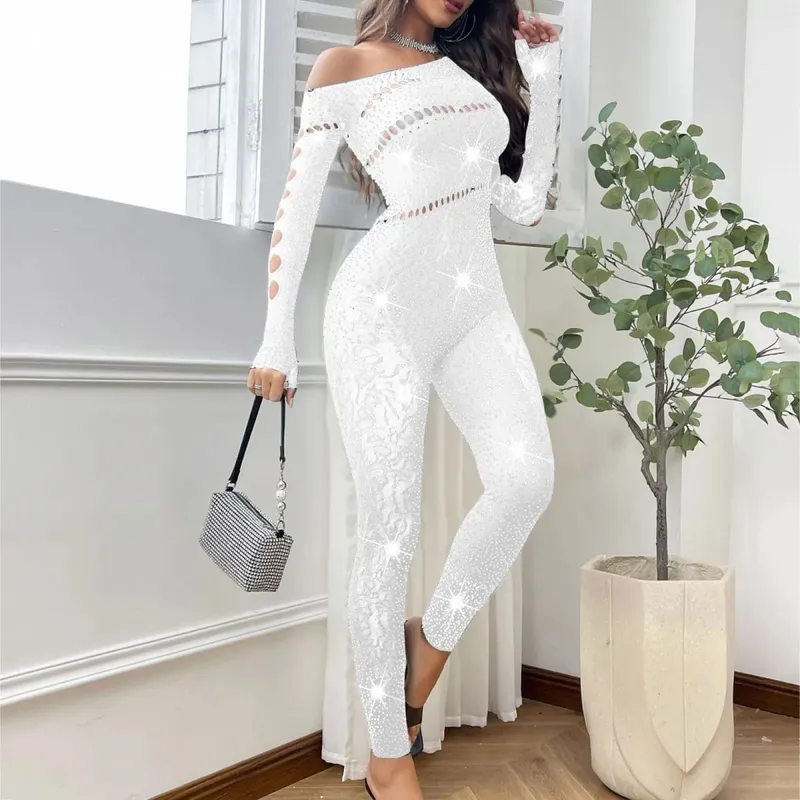 Kvinder Sexet Mesh Rhinestone Jumpsuit Langærmet Se Through High Stretch Body Strømper Jumpsuit Club Plus Size Stock Lingeri — image 2