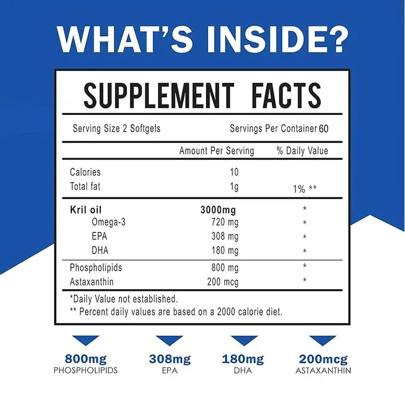 Antarctic Krill Oil 3000 mg - Omega-3 EPA DHA Přírodní Astaxanthin Kapsle Maximální síla pro zdraví srdce a kloubů