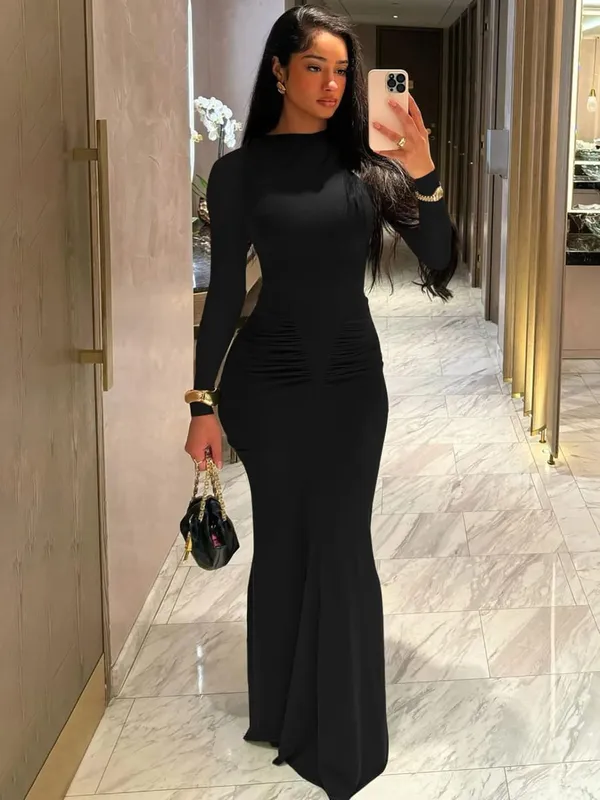 Hugcitar podzimní jednobarevné dlouhé rukávy přehozené sexy bodycon maxi plesové šaty dámská móda Y2K outfity večerní párty Festivalový klub — image 10