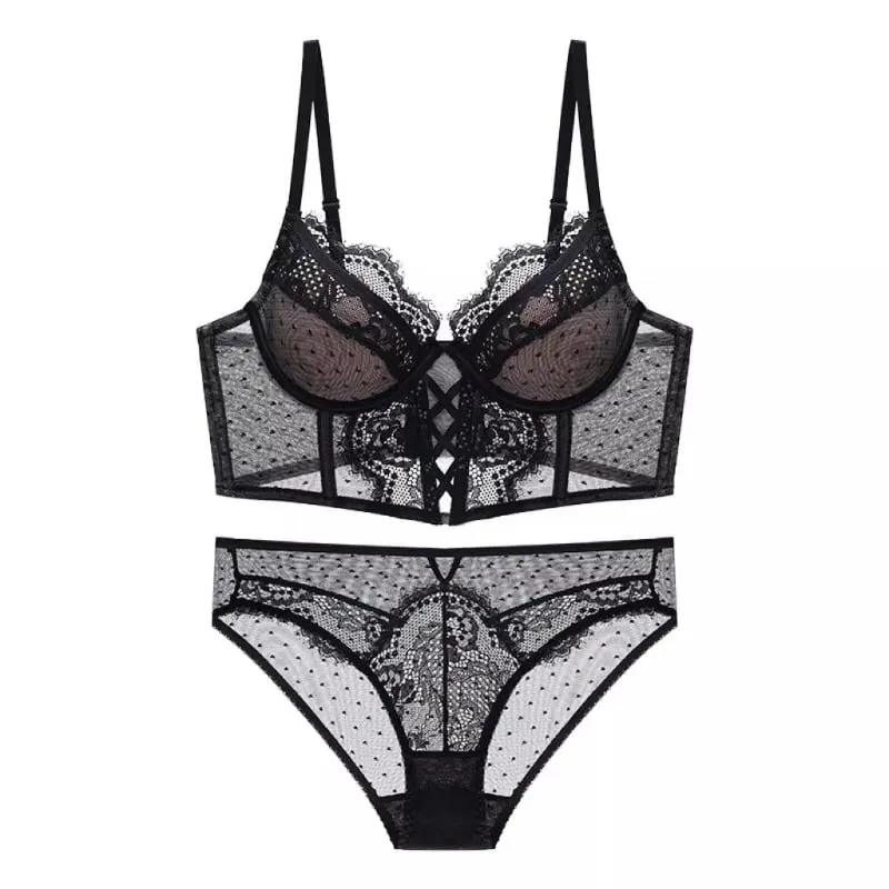 French Lace Push Up Underwear Set Mulher Thin Underwire Bra Sheer Ruched Chemise Soft Petite Small Bust S-XL Petite Elegance