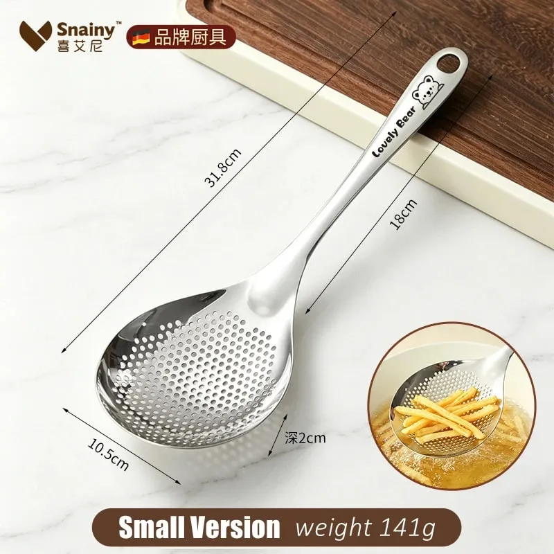LFGB Certified Pure 304 Stainless Steel Kitchen Cooking Colander Ultra Thick 33cm Handle 12.5cm Head Sieve for Potato Frying