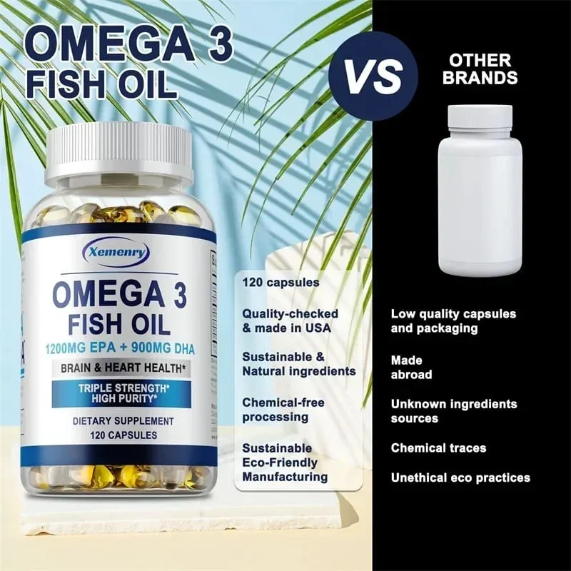 Omega 3 Fish Oil - Supplement with DHA EPA Promote Cellular Energy Health Supports Heart Brain & Joint Health Antioxidant