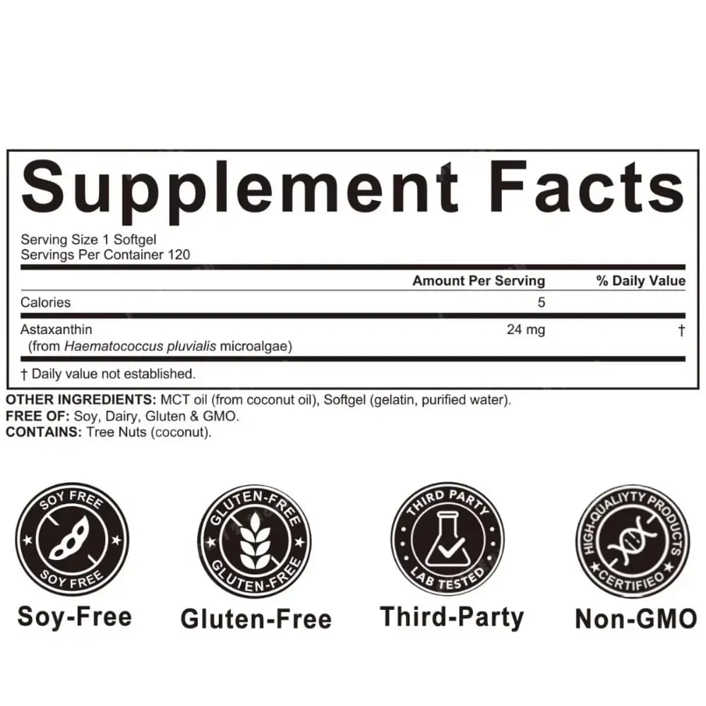 Astaxanthin Softgels 24Mg Kekuatan Tiga Kali Lipat Antioksidan Kuat Mendukung Kesehatan Mata Mikroalga Bebas Kedelai Bebas Gluten 120 Hitung — image 7