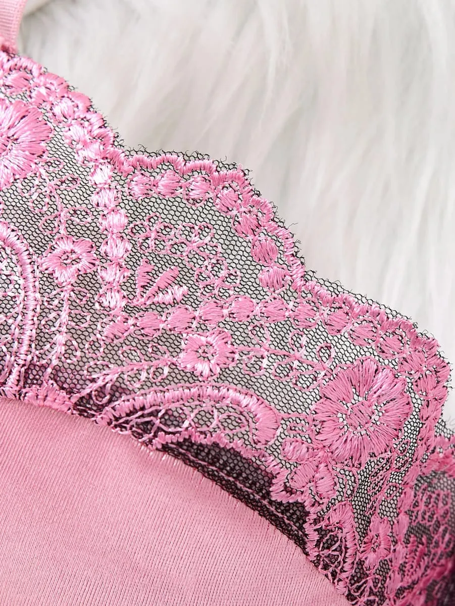 Pink satin lace lingerie set - gathered half-cup bra thong panties - date-oriented sensual women's lingerie ZA825289