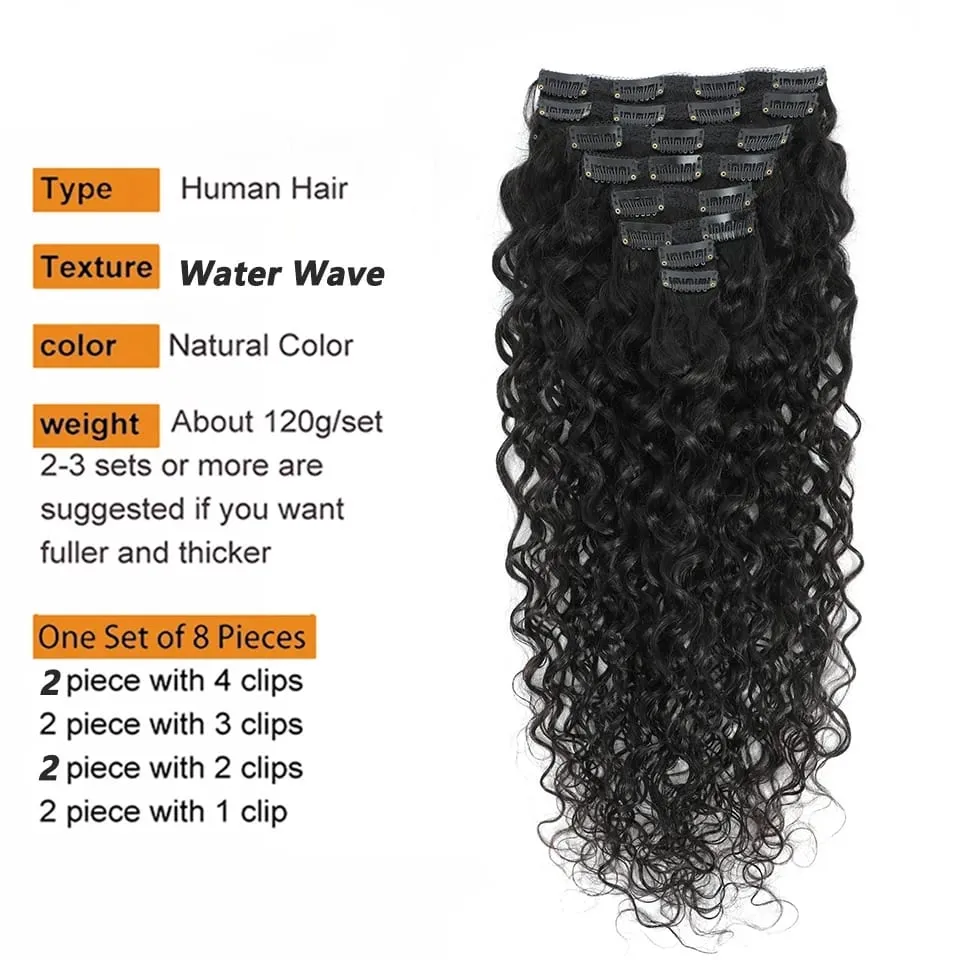 Water Wave Clip In Human Hair Extensions Wholesale Remy Virgin Curly Wavy Clip On Hair 8PC/Set 120g For Women Natural Hair Clips