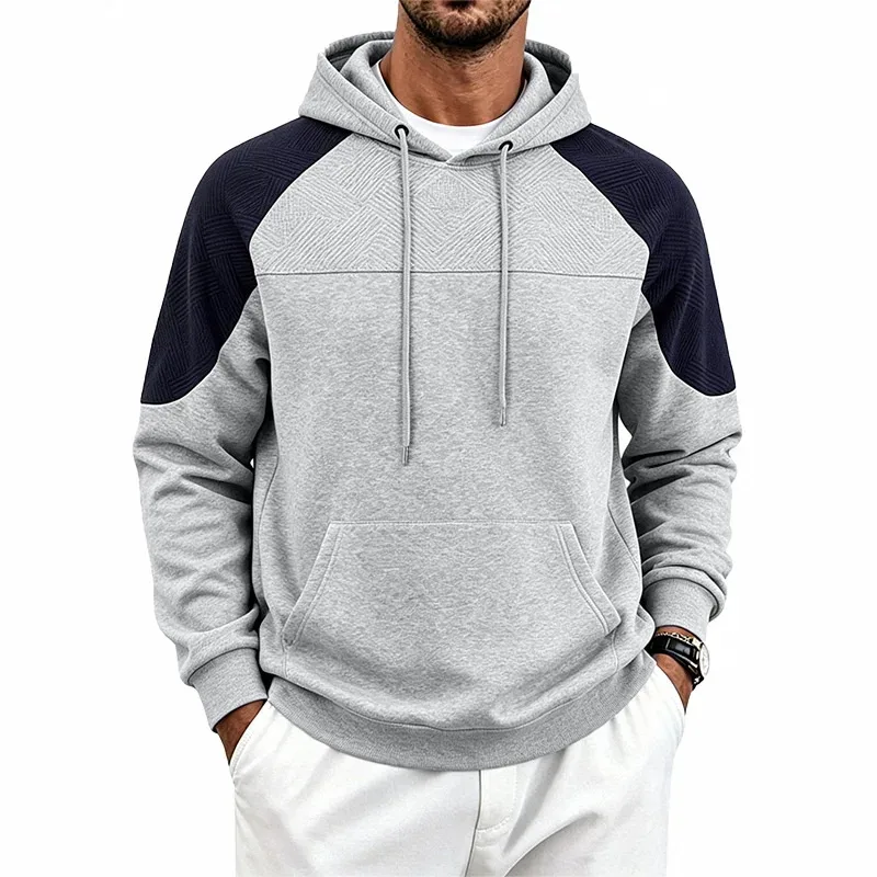 Men Patchwork Color Block Pullover Hoodie Drawstring Kangaroo Pocket Long Sleeve Loose Sweatshirt Autumn Winter Streetwear Tops