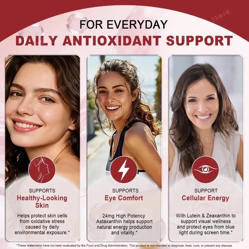 Astaxanthin Softgels 24Mg Kekuatan Tiga Kali Lipat Antioksidan Kuat Mendukung Kesehatan Mata Mikroalga Bebas Kedelai Bebas Gluten 120 Hitung — image 5