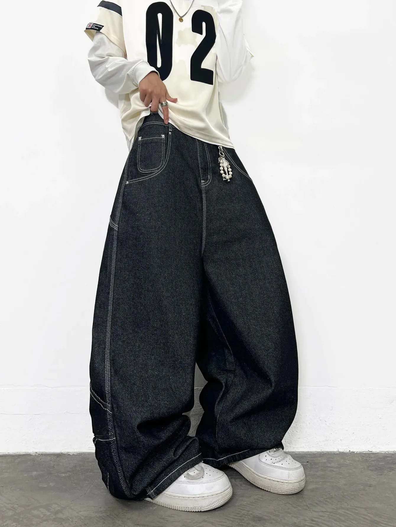 Men's Jeans Vintage Black Baggy Wide Jorts Trendy Y2K Streetwear Men's Denim Pants Men's Drop-Crotch Pants All Seasons