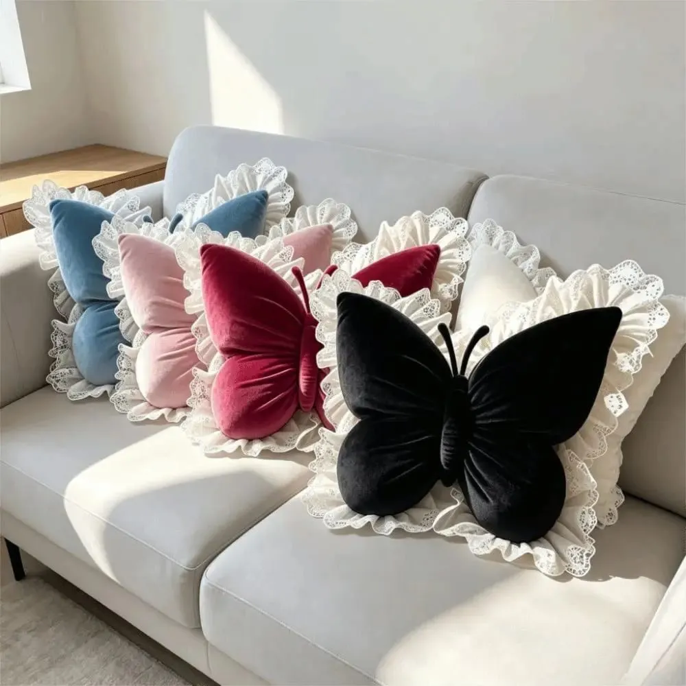 Home Decor Velvet Butterfly Pillow Lace Trim Bow Cushion Soft New Bow Throw Pillow Bedroom — image 5