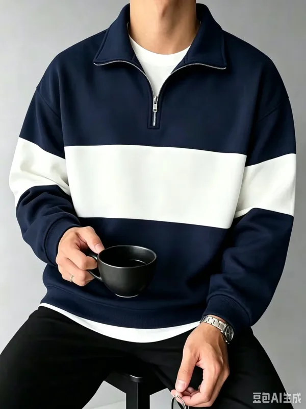Autumn and Winter Color Blocking printed Men's Clothes Casual Half Zip Long Sleeve Sweatshirts Street Trend Stand Collar Hoodies — image 3