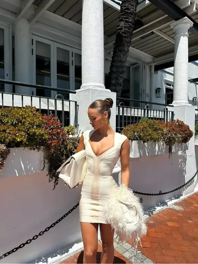 Sexy Solid Color Deep V-neck Hip Hugging Dress Summer Women Sleeveless Waist Cinched Mini Dresses Lady Daily Party Short Gown — image 5